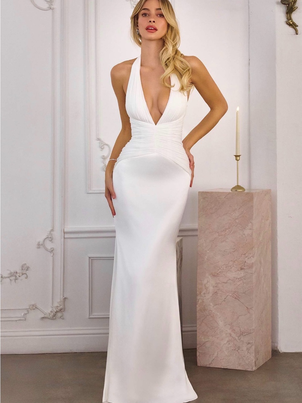 Chic White Plunge Halter Prom or Wedding Dress